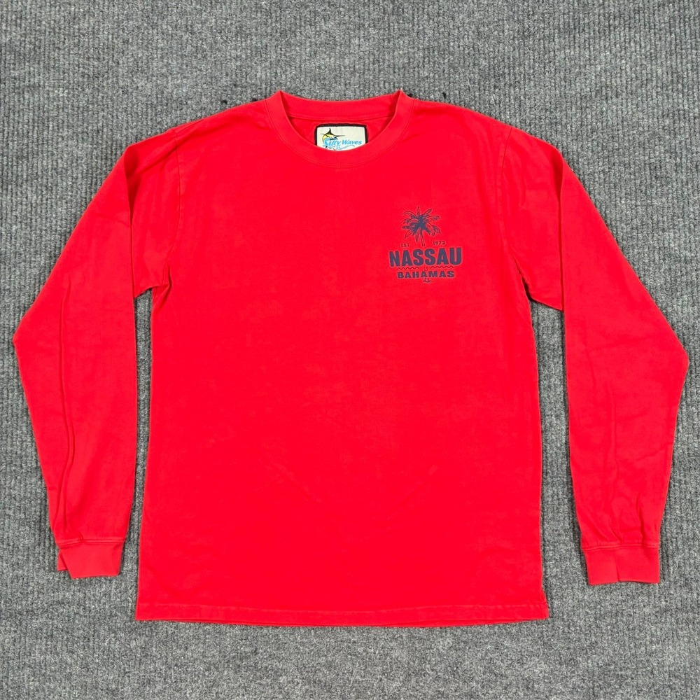 Salty Waves Nassau Bahamas Shirt Mens Large Red Long Sleeve Palm Tree Vacation